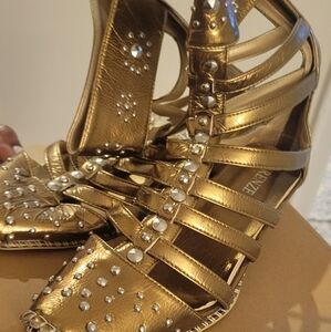 Gold Strappy Sandals with Rhinestone Accents
